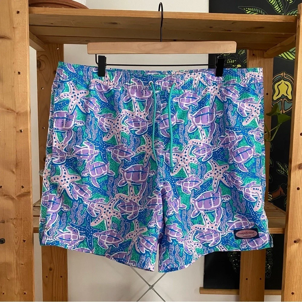 Vineyard Vines Men’s Purple Blue Turtle Print Swim Shorts Trunks Large